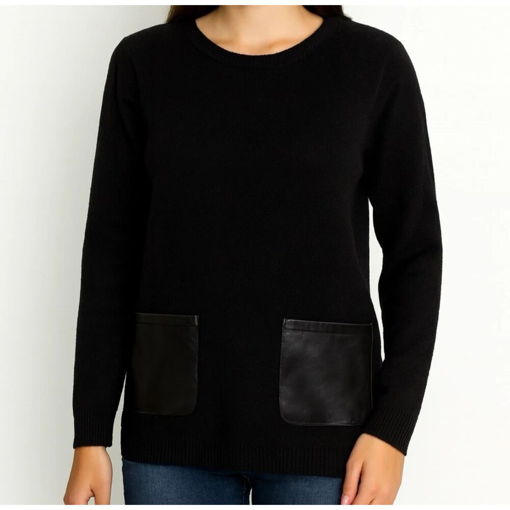 J.Crew Sweater Womens M Boxy Black Merino Wool Vegan Leather Pocket Minimalist